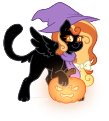 Size: 997x1110 | Tagged: safe, artist:kazmuun, derpibooru import, oc, oc only, cat, cat pony, original species, sphinx, blush lines, blushing, cat tail, clothes, colored eyelashes, commission, halloween, hat, holiday, jack-o-lantern, looking at you, orange eyelashes, paws, pumpkin, scarf, simple background, solo, tail, transparent background, white pupils, witch hat, ych result