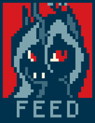 Size: 850x1100 | Tagged: safe, derpibooru import, queen chrysalis, changeling, g4, bust, digital art, female, hope poster, limited palette, minimalist, mlp fim's fourteenth anniversary, pixel art, portrait, poster, shepard fairey, solo