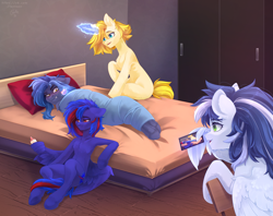 Size: 4918x3891 | Tagged: safe, artist:tentaon, derpibooru import, oc, oc only, oc:lenor, oc:maxi, oc:pixi feather, oc:redline lightwing, pegasus, unicorn, angry, baby bottle, bed, bedroom, cellphone, chest fluff, horn, milk, pacifier, phone, smartphone, tied, video