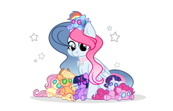 Size: 3429x2209 | Tagged: safe, artist:darbypop1, derpibooru import, applejack, fluttershy, pinkie pie, rainbow dash, rarity, twilight sparkle, oc, oc:melody everbelle, alicorn, pony, female, mane six, mare, plushie, simple background, transparent background