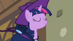 Size: 1920x1080 | Tagged: safe, derpibooru import, screencap, twilight sparkle, pony, g4, the mysterious mare do well, arrogance, arrogant, conceit, conceited, eyes closed, hypocrisy, hypocrite, mare do well costume, oppression, oppressor, smuglight sparkle, solo, tempting fate, traitor, twibitch sparkle