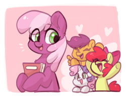 Size: 1280x1024 | Tagged: safe, artist:colorfulcolor233, derpibooru import, apple bloom, cheerilee, scootaloo, sweetie belle, earth pony, pegasus, pony, unicorn, g4, abstract background, adorabloom, book, cheeribetes, chest fluff, cute, cutealoo, cutie mark crusaders, diasweetes, eye clipping through hair, eyes closed, female, filly, foal, heart, horn, looking at someone, mare, open mouth, open smile, smiling, teacher