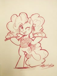 Size: 3456x4608 | Tagged: safe, artist:colorfulcolor233, derpibooru import, pinkie pie, earth pony, pony, semi-anthro, bipedal, blushing, clothes, dumplings, female, food, mare, one eye closed, plate, shirt, simple background, solo, traditional art, white background, wink