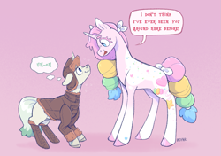 Size: 1483x1044 | Tagged: safe, artist:beyhr, derpibooru import, oc, oc only, oc:princess marshmallow fluff, oc:snowbird, earth pony, pony, unicorn, bow, clothes, cloven hooves, coat, coat markings, colored eyelashes, fake horn, hat, height difference, hoof boots, hooves, horn, multicolored hair, nervous, nervous sweat, speech bubble, tail, thought bubble, tied mane, tied tail, two toned tail, ushanka