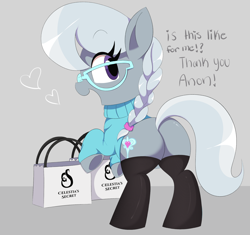 Size: 2000x1880 | Tagged: safe, artist:spoonie, derpibooru import, silver spoon, earth pony, pony, g4, bag, butt, clothes, female, filly, foal, glasses, heart, looking at you, looking back, looking back at you, shopping bag, socks, solo, stockings, sweater, text, thigh highs