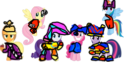 Size: 1819x907 | Tagged: safe, artist:gab_eka(gabyshevakata), derpibooru import, applejack, fluttershy, pinkie pie, rainbow dash, rarity, twilight sparkle, unicorn twilight, earth pony, pegasus, pony, unicorn, g4, apple, bow, bunny ears, clothes, cosplay, costume, crossover, crown, dress, ear piercing, earring, female, food, gangle, gown, hat, jax (tadc), jester, jester hat, jester outfit, jewelry, kinger, mane six, mare, mask, overalls, piercing, pomni, ragatha, regalia, simple background, the amazing digital circus, zooble