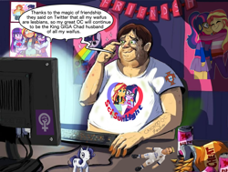 Size: 1650x1250 | Tagged: safe, brony, brown hair, can, clothes, cristiano ronaldo, desk, desktop, dialogue, fat, food, green eyes, happy, keyboard, male, meme, poster, shirt, solo, solo male, toy, toy rarity