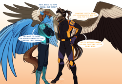 Size: 3132x2164 | Tagged: safe, artist:blackblood-queen, oc, oc only, oc:buck shot, oc:smokescreen, anthro, pegasus, unguligrade anthro, anthro oc, commission, competition, crossed arms, dialogue, digital art, facial hair, gradient background, looking at each other, looking at someone, male, pegasus oc, racing suit, smiling, speech bubble, spread wings, stallion, wings