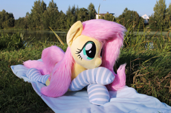 Size: 1915x1273 | Tagged: safe, artist:nakedskull, derpibooru import, fluttershy, pegasus, pony, g4, clothes, fluttershy plushie, forelegs crossed, irl, lying down, nature, outdoors, photo, plushie, prone, socks, solo, striped socks, water