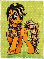 Size: 1536x2048 | Tagged: safe, artist:dariarchangel, derpibooru import, applejack, earth pony, pony, g4, adorable face, alternate accessories, alternate design, alternate hair color, alternate hairstyle, alternate mane color, alternate tail color, alternate tailstyle, applejack also dresses in style, applepunk, beads, blonde, blonde hair, blonde mane, blonde tail, bracelet, braid, braided pigtails, braided tail, c:, choker, cowboy hat, cute, cute face, cute smile, dyed hair, dyed mane, dyed tail, ear piercing, earring, emojack, eye clipping through hair, female, freckles, glittery cutie mark, goth, gothic applejack, green eyes, hat, jackabetes, jewelry, leather, mare, mascara, necklace, orange coat, patterned background, pearl bracelet, pearl necklace, piercing, pigtails, polka dots, raised hoof, raised leg, ring, smiling, solo, spiked choker, spiked wristband, stetson, tail, tied hair, tied mane, tied tail, traditional art, two toned hair, two toned mane, two toned tail, wristband