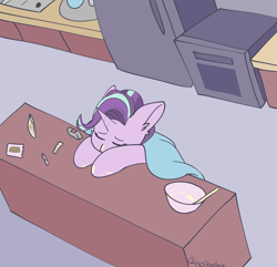 Size: 3801x3670 | Tagged: safe, artist:tkshoelace, derpibooru import, starlight glimmer, pony, unicorn, g4, baking, blanket, counter, ear fluff, ears, female, floppy ears, hooves on the table, horn, indoors, oven, refrigerator, sink, sleeping, solo