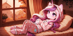 Size: 2400x1200 | Tagged: safe, ai content, derpibooru import, machine learning generated, princess cadance, alicorn, pony, autumn, bed, bedroom, clothes, curtains, female, flower pot, indoors, lying down, lying on bed, mare, on back, on bed, pajamas, pillow, prompter:greesys, smiling, solo, tree, window, wingless