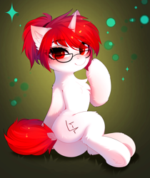 Size: 3288x3920 | Tagged: safe, artist:empress-twilight, derpibooru import, oc, oc only, oc:sanguine shard, pony, unicorn, butt, cheek fluff, chest fluff, commission, dock, ear fluff, ears, eye clipping through hair, eyebrows, eyebrows visible through hair, female, glasses, high res, horn, leg fluff, looking at you, mare, plot, smiling, smiling at you, solo, sparkles, tail, underhoof, unicorn oc, ych result