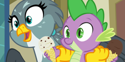 Size: 1886x932 | Tagged: safe, derpibooru import, screencap, gabby, spike, dragon, griffon, dragon dropped, g4, season 9, cute, duo, duo male and female, female, food, gabbybetes, holding a dragon, holding a spike, ice cream, male, spikabetes, winged spike, wings