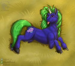 Size: 956x836 | Tagged: safe, derpibooru import, oc, oc only, oc:dark star, unicorn, equestria at war mod, fanfic:the prophecy, fanfic:пророчество, fanfic art, green mane, horn, injured, purple eyes, purple wool, tongue, tongue out