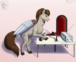 Size: 2560x2103 | Tagged: safe, derpibooru import, oc, oc only, oc:sanchous, pegasus, equestria at war mod, fanfic:the prophecy, fanfic:пророчество, brown mane, chair, discontent, fanfic art, grey fur, microphone, radio, table