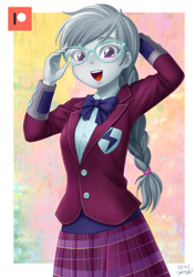 Size: 848x1200 | Tagged: safe, artist:uotapo, derpibooru import, silver spoon, equestria girls, g4, alternate hairstyle, blushing, bowtie, clothes, crystal prep academy uniform, cute, female, glasses, necktie, older, older silver spoon, open mouth, passepartout, school uniform, silverbetes, skirt, solo, sunny flare's wrist devices, uotapo is trying to murder us