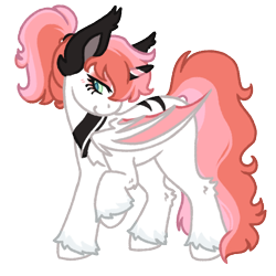 Size: 1000x1000 | Tagged: safe, artist:kazmuun, derpibooru import, oc, oc only, oc:licorice love, alicorn, bat pony, bat pony alicorn, pony, alicorn oc, bat pony alicorn oc, bat pony oc, bat wings, blush lines, blushing, chest fluff, chibi, colored ears, colored fetlocks, colored hooves, colored horn, colored lineart, colored pinnae, colored pupils, colored wings, ear tufts, eyelashes, eyeshadow, female, female oc, folded wings, green eyes, hock fluff, hooves, horn, lidded eyes, long tail, looking away, makeup, mare, mare oc, no catchlights, pink eyeshadow, ponytail, profile, raised hoof, raised leg, simple background, smiling, solo, standing, standing on three hooves, tail, teal pupils, three toned horn, three toned mane, three toned tail, tied mane, transparent background, two toned wings, unshorn fetlocks, white coat, white hooves, wings