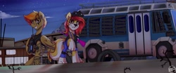 Size: 5750x2400 | Tagged: safe, artist:shadowreindeer, derpibooru import, oc, hybrid, lion, pegasus, borderlands, bus, commission, crossover, gun, lion pony, outdoors, weapon