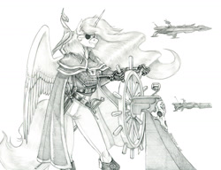 Size: 1400x1076 | Tagged: safe, artist:baron engel, derpibooru import, philomena, princess celestia, alicorn, anthro, phoenix, unguligrade anthro, g4, boots, cape, captain harlock, clothes, eyepatch, female, mare, monochrome, pants, pencil drawing, ship's wheel, shoes, spaceship, sword, traditional art, weapon