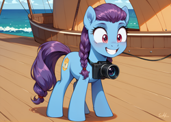 Size: 2496x1776 | Tagged: safe, ai content, derpibooru import, machine learning generated, oc, oc only, earth pony, pony, big smile, boat, camera, ocean, outdoors, pier, prompter:bluetoothworld, smiling, smiling at someone, solo, water