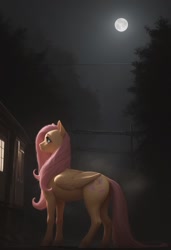 Size: 832x1216 | Tagged: safe, ai content, derpibooru import, machine learning generated, fluttershy, pegasus, pony, cabin, cutie mark, full moon, moon, night, outdoors, prompter:thehyperinsectoid, solo, standing, tree