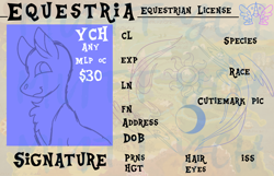 Size: 1656x1064 | Tagged: safe, derpibooru import, oc, oc only, advertisement, card, commission, commission info, flag of equestria, halfbody, id card, license, logo, ych sketch, your character here