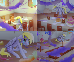 Size: 2066x1740 | Tagged: safe, artist:destiny_manticor, derpibooru import, derpy hooves, pegasus, pony, g4, alone, angry, bad end, birthday, birthday party, cake, chair, comic, commission, crying, cute, decoration, feels, female, food, forgotten birthday, frown, happy birthday to me, hat, indoors, lonely, looking at you, mare, muffin, open mouth, parody, party, ponified, sad, sad pony, sitting, solo, species swap, table, table flip, tears of anger, wings