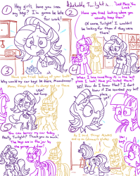 Size: 4779x6013 | Tagged: safe, artist:adorkabletwilightandfriends, derpibooru import, moondancer, starlight glimmer, twilight sparkle, twilight sparkle (alicorn), oc, oc:pinenut, alicorn, cat, comic:adorkable twilight and friends, g4, lost and found, adorkable, adorkable twilight, butt, clothes, comic, cute, denim, dork, friendship, glasses, glimmer glutes, jeans, key, kitchen, looking at butt, looking at something, lost, nervous, pants, plot, slice of life, sly, smiling, sweat, sweater, upset, walking away, worried