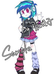 Size: 1601x2134 | Tagged: safe, artist:mofalangzhong60411, derpibooru import, dj pon-3, vinyl scratch, human, equestria girls, g4, choker, clothes, headphones, jewelry, kneesocks, loose socks, mismatched socks, pendant, sample, shoes, short sleeves, simple background, skirt, smiling, socks, solo, text, thigh bands, thighs, white background, wrist wraps