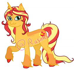 Size: 1280x1203 | Tagged: safe, artist:ponyrasmeii, derpibooru import, sunset shimmer, pony, unicorn, g4, coat markings, cute, ear fluff, ears, female, horn, mare, raised hoof, raised leg, redesign, shimmerbetes, simple background, solo, unshorn fetlocks, watermark, white background