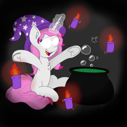 Size: 2000x2000 | Tagged: safe, artist:zeccy, derpibooru import, oc, oc only, unicorn, candle, cauldron, glowing, glowing eyes, hat, horn, solo