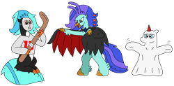 Size: 3063x1503 | Tagged: safe, artist:supahdonarudo, derpibooru import, oc, oc only, oc:icebeak, oc:ironyoshi, oc:sea lilly, classical hippogriff, ghost, hippogriff, undead, unicorn, vampire, bipedal, cape, clothes, costume, fangs, ghost costume, halloween, halloween costume, hockey mask, hockey stick, holiday, horn, jersey, mask, simple background, sitting, transparent background, vampire costume