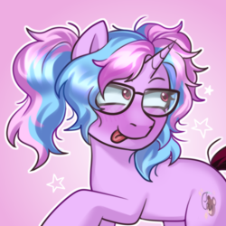 Size: 2000x2000 | Tagged: safe, artist:zigmeow, derpibooru import, oc, oc only, pony, unicorn, cute, female, glasses, gradient background, high res, horn, mare, pigtails, solo, tongue, tongue out