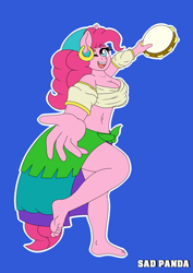 Size: 2893x4092 | Tagged: safe, artist:sadpanda1268, derpibooru import, pinkie pie, anthro, earth pony, plantigrade anthro, barefoot, breasts, feet, gypsy pie, looking at you, musical instrument, one eye closed, open mouth, open smile, pinkie pies, romani, smiling, solo, tambourine, wink, winking at you