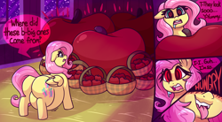 Size: 4000x2208 | Tagged: safe, artist:graphenescloset, derpibooru import, fluttershy, bat pony, pegasus, pony, series:fattybatty, g4, apple, bat ponified, belly, big belly, butt, dialogue, fat, fattershy, female, flutterbat, food, incentive drive, mare, nervous sweat, night, plot, race swap, red eyes, stars, stuffed belly, swirly eyes, transformation, weight gain sequence