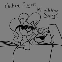 Size: 1155x1155 | Tagged: safe, artist:anonymous, derpibooru import, fluttershy, pinkie pie, pony, g4, automobile, car, doodle, duo, duo female, faggot, female, handwriting, invitation, mare, monochrome, slur, sunglasses, talking to viewer, vulgar