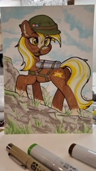 Size: 2268x4032 | Tagged: safe, artist:dandy, derpibooru import, sergeant reckless, earth pony, pony, coat markings, commission, female, helmet, mare, markers, poker chips, ponified, socks (coat marking), solo, species swap, traditional art