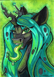 Size: 3456x4912 | Tagged: safe, artist:stirren, derpibooru import, queen chrysalis, changeling, changeling queen, bust, crown, jewelry, long hair, long mane, portrait, regalia, scan, tongue, tongue out, traditional art