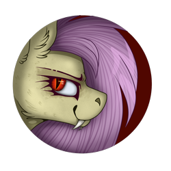 Size: 2300x2300 | Tagged: safe, artist:molars, derpibooru import, fluttershy, bat pony, g4, badge, bat eyes, bat ponified, button, fangs, flutterbat, race swap, red background, red eyes, simple background, solo