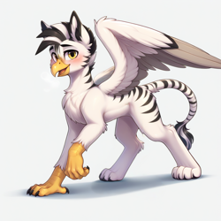 Size: 1024x1024 | Tagged: safe, ai content, derpibooru import, generator:stable diffusion, machine learning generated, oc, oc only, griffon, zebra, blushing, hybrid oc, male, prompter:pzkratzer, raised leg, simple background, solo, solo male, spread wings, white background, wings