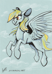 Size: 4904x6912 | Tagged: safe, artist:stirren, derpibooru import, derpy hooves, pegasus, cloud, scan, traditional art, wings