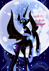 Size: 1451x2115 | Tagged: safe, artist:grimbloody, derpibooru import, nightmare moon, alicorn, pony, g4, concave belly, female, full moon, low angle, mare, moon, rearing, slender, solo, spread wings, tall, thin, wings