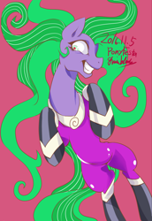 Size: 1452x2112 | Tagged: safe, artist:grimbloody, derpibooru import, mane-iac, earth pony, pony, g4, female, grin, mare, simple background, smiling, solo