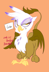 Size: 1458x2116 | Tagged: safe, artist:grimbloody, derpibooru import, gilda, griffon, g4, female, loser, simple background, solo, speech bubble, talking to viewer