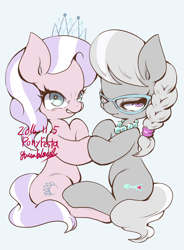 Size: 1450x1969 | Tagged: safe, artist:grimbloody, derpibooru import, diamond tiara, silver spoon, earth pony, pony, g4, duo, duo female, female, filly, foal, jewelry, looking at you, necklace, simple background, tiara, touching hooves