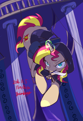 Size: 1451x2126 | Tagged: safe, artist:grimbloody, derpibooru import, sunset shimmer, pony, unicorn, g4, female, glowing, glowing horn, hood, horn, knife, mare, mouth hold, solo