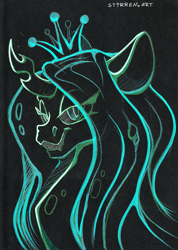 Size: 4936x6920 | Tagged: safe, artist:stirren, derpibooru import, queen chrysalis, changeling, pony, bust, crown, jewelry, portrait, regalia, scan, simple background, transparent background