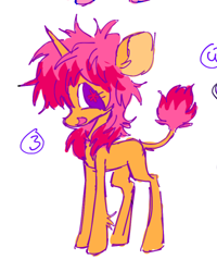 Size: 400x500 | Tagged: safe, artist:peaceandlove26, artist:twinklewish, derpibooru import, oc, oc only, oc:razzle dazzle, pony, unicorn, g4, 2021, alternate universe, big ears, big eyes, big head, colored pinnae, colored pupils, ear fluff, ears, eyelashes, female, filly, filly oc, foal, horn, leg fluff, leonine tail, long legs, looking back, magical lesbian spawn, no catchlights, offspring, old art, open mouth, open smile, orange coat, parent:princess flurry heart, parent:pumpkin cake, parents:pumpkin heart, profile, purple eyes, red pupils, shaggy mane, simple background, smiling, solo, standing, tail, thin, thin tail, two toned mane, two toned tail, unicorn horn, unicorn oc, white background