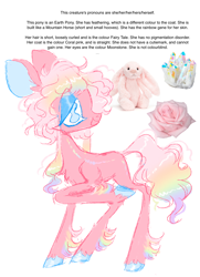 Size: 1016x1407 | Tagged: safe, artist:peaceandlove26, artist:twinklewish, derpibooru import, oc, oc only, oc:rosey posey, earth pony, pony, 2021, bangs, big ears, big eyes, big head, blank flank, blue eyes, blue eyeshadow, blue hooves, chest fluff, colored fetlocks, colored hooves, colored pinnae, colored sketch, crystal, ear fluff, ears, earth pony oc, eyeshadow, female, female oc, flower, gradient mane, gradient tail, hooves, long legs, long mane, long tail, makeup, mare, mare oc, multicolored hair, multicolored mane, no catchlights, oc generator, old art, open mouth, open smile, pink coat, pink mane, pink tail, plushie, profile, rainbow hair, rainbow skin, rainbow tail, raised hoof, raised leg, rose, shiny hooves, sidebangs, simple background, sketch, smiling, solo, standing on three hooves, tail, text, thin legs, underhoof, wavy mane, wavy tail, white background